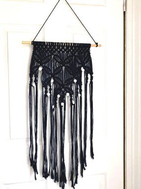 Boho Bohemian Macrame Navy Blue Wall Hanging with White Wooden Beads 38 x 13 in